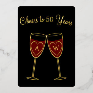 Invitation En Aluminium Verres à vin Monogramme 50e Anniversaire Cheers Or