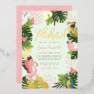 Invitation En Aluminium Vert   Aloha Hawaii Tropical Gold Birthday Party