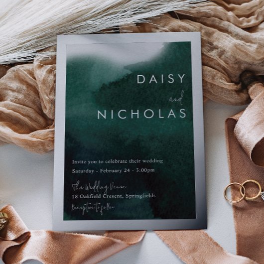 Invitation En Aluminium Vert émeraude aquarelle mariage argent