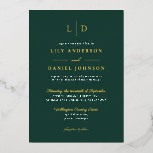 Invitation En Aluminium Vert émeraude Élégant Monogramme Luxe Mariage Or