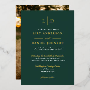 Invitation En Aluminium Vert émeraude Élégant Monogramme Mariage Photo Or