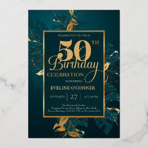 Invitation En Aluminium Vert émeraude et véritable feuille d'or 50e annive