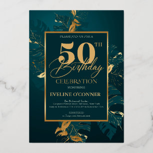 Invitation En Aluminium Vert émeraude et véritable feuille d'or 50e annive