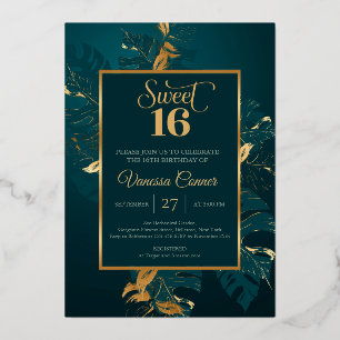 Invitation En Aluminium Vert émeraude et véritable feuille d'or douce seiz