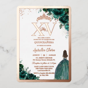 Invitation En Aluminium Vert émeraude floral Quinceañera 15 XV or rose
