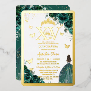 Invitation En Aluminium Vert émeraude floral Quinceañera Quince 15 XV Or