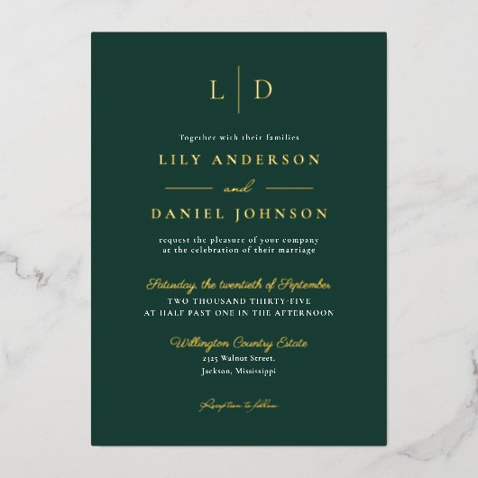 Invitation En Aluminium Vert émeraude Luxe Monogramme Code QR Mariage Or (Recto)