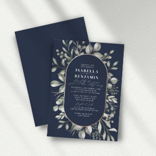 Invitation En Aluminium Vert Émoussé Ovale Navy Foncé Rose Or Mariage