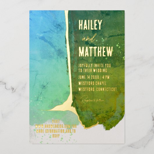 Invitation En Aluminium Vert et bleu Aqua Aquarelle Mariage (Recto)