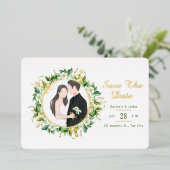 Invitation En Aluminium Vert et feuille d'or Horizontal Enregistrer la dat (Debout devant)