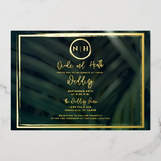 Invitation En Aluminium Vert feuille de palme Tropical Mariage or (Recto)
