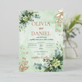 Invitation En Aluminium Vert feuille d'or rose feuille mariage (Debout devant)