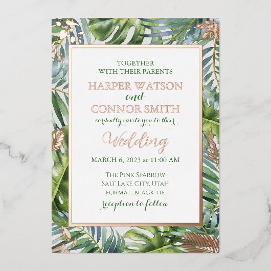 Invitation En Aluminium Vert feuille d'or rose feuille simple mariage (Recto)