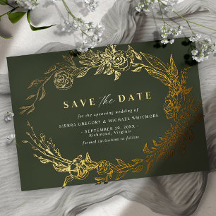 Invitation En Aluminium Vert forêt et or Fleurs de mousse Enregistrer la