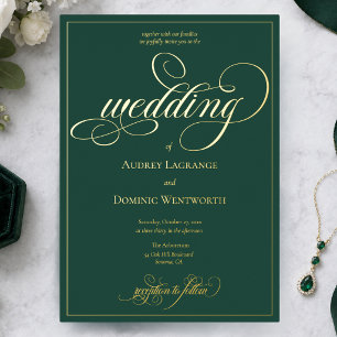 Invitation En Aluminium Vert forêt Or Mariage Écriture Calligraphie