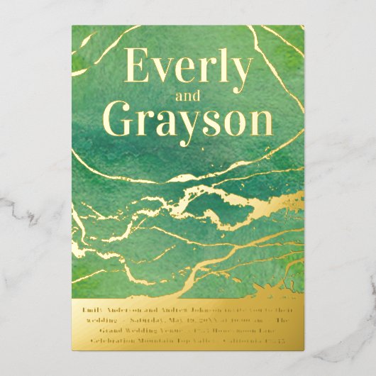 Invitation En Aluminium Vert Galaxy Agate Marbre Or Mariage (Recto)