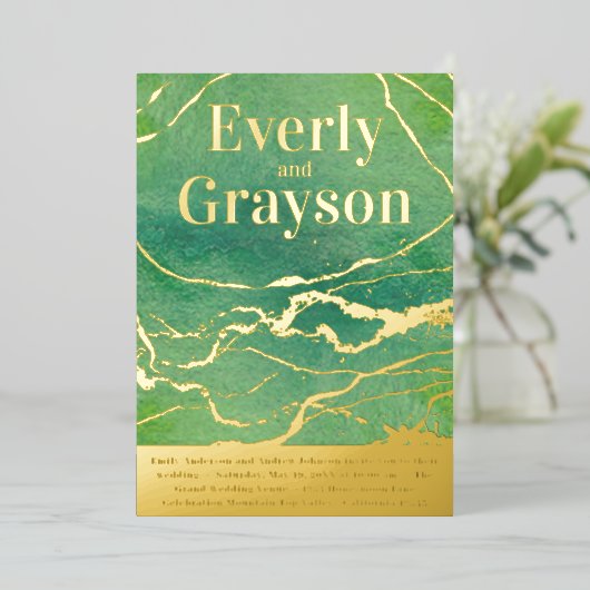 Invitation En Aluminium Vert Galaxy Agate Marbre Or Mariage (Debout devant)