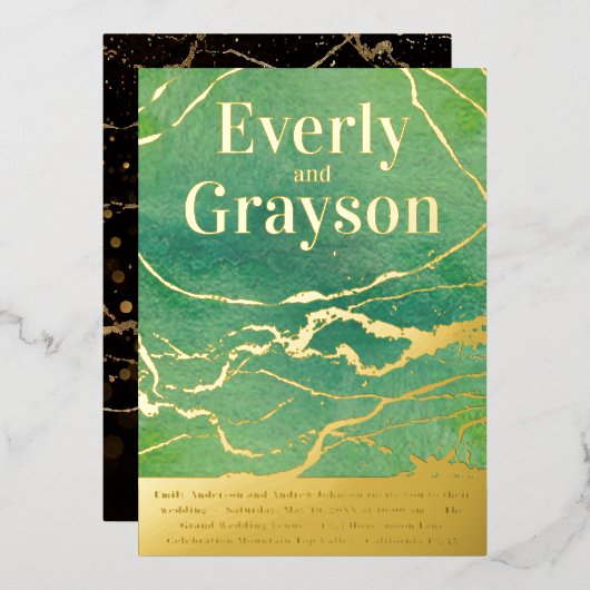 Invitation En Aluminium Vert Galaxy Agate Marbre Or Mariage (Recto/Verso)