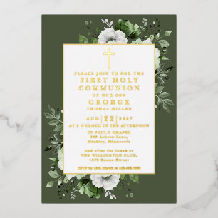 Invitation En Aluminium Vert olive Boho floral première communion solennel