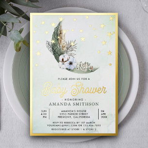 Invitation En Aluminium Vert sauge Boho Fleurs Lune Étoiles Baby Shower Or