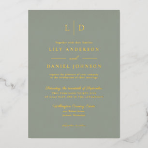 Invitation En Aluminium Vert sauge Élégant Monogramme Code QR Mariage Or