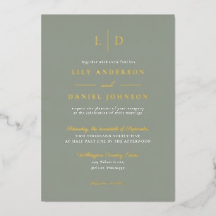 Invitation En Aluminium Vert Sauge Élégant Monogramme Luxe Mariage Or