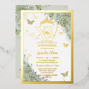 Invitation En Aluminium Vert sauge floral Quinceañera Papillons XV Or