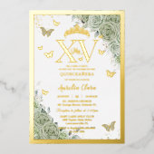 Invitation En Aluminium Vert sauge floral Quinceañera Papillons XV Or (Recto)