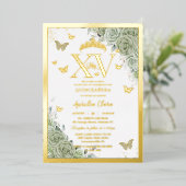 Invitation En Aluminium Vert sauge floral Quinceañera Papillons XV Or (Debout devant)