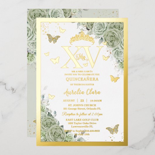 Invitation En Aluminium Vert sauge floral Quinceañera Papillons XV Or (Recto/Verso)