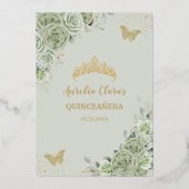 Invitation En Aluminium Vert sauge floral Quinceañera Papillons XV Or (Verso)
