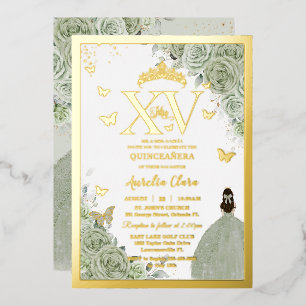 Invitation En Aluminium Vert sauge floral Quinceañera Quince 15 XV Or