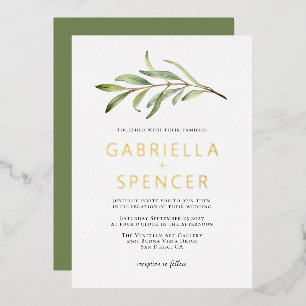 Invitation En Aluminium Vert sauge Moderne Branche d'olivier Mariage Or