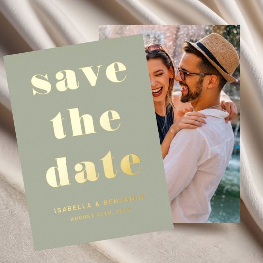 Invitation En Aluminium Vert Sauge Moderne Photo Enregistrer La Date Or
