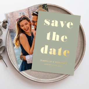 Invitation En Aluminium Vert Sauge Moderne Photo Enregistrer La Date Or