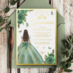 Invitation En Aluminium Vert sauge poussiéreux floral papillon Quinceanera