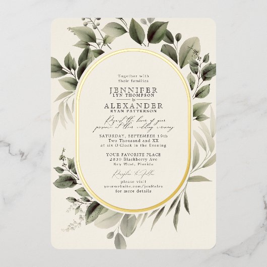 Invitation En Aluminium Vert simple Eucalyptus Ivoire or Mariage (Recto)