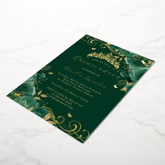 Invitation En Aluminium Verte Rose Floral Or Swirl Quinceanera (Rotation)