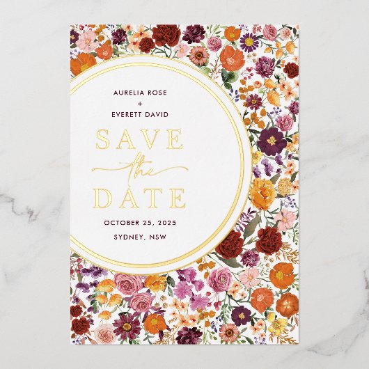 Invitation En Aluminium Vibrant Automne Fleur sauvage Mariage Enregistrer  (Recto)