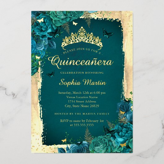Invitation En Aluminium Vibrant élégant papillon floral Turquoise Quincean (Recto)