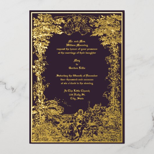 Invitation En Aluminium Victorian Castle Couple Foliage Mariage frontalier (Recto)