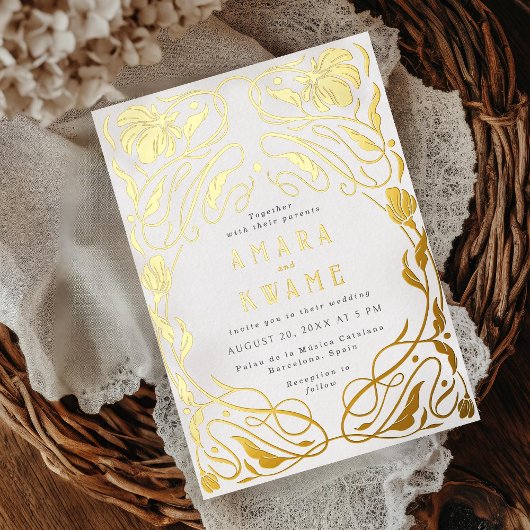 Invitation En Aluminium Vignes florales Botanique Art Nouveau Or