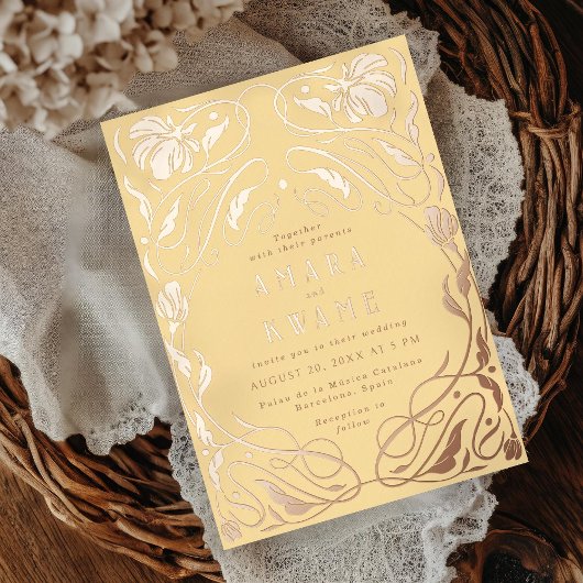 Invitation En Aluminium Vignes florales Botanique Art Nouveau Or