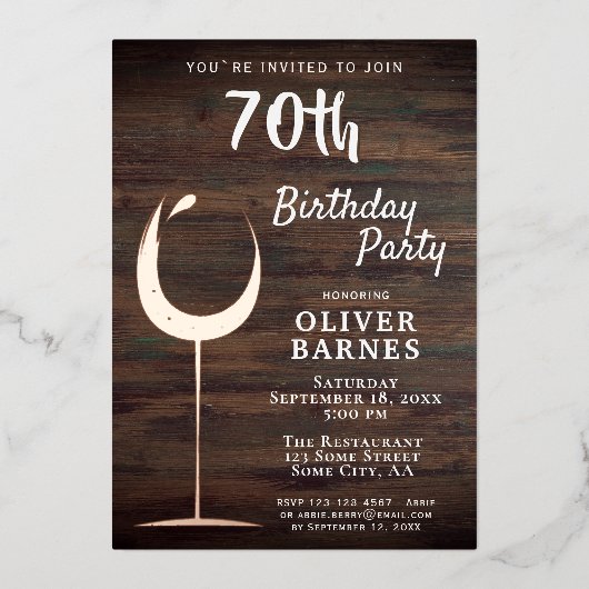 Invitation En Aluminium Vin d'or rustique Bois 70e anniversaire (Recto)