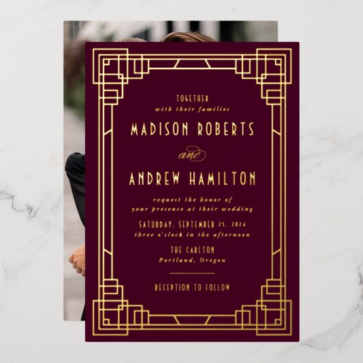 Invitation En Aluminium Vin Mariage Art déco moderne et or (Recto/Verso)