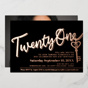 Invitation En Aluminium Vingt et un 21e anniversaire clé noir or photo