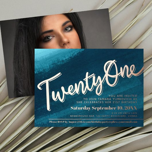 Invitation En Aluminium Vingt et un 21e anniversaire fête turquoise or pho