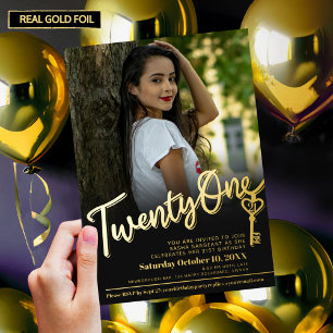 Invitation En Aluminium Vingt et un 21e Anniversaire photo clé or noir