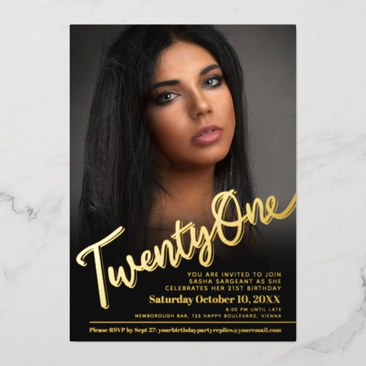 Invitation En Aluminium Vingt et un 21e anniversaire script photo personna (Recto)