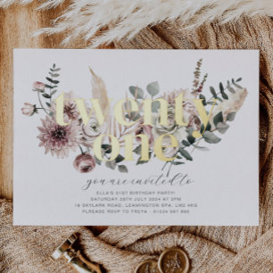 Invitation En Aluminium Vingt-et-un Florales - 21e Anniversaire - Or